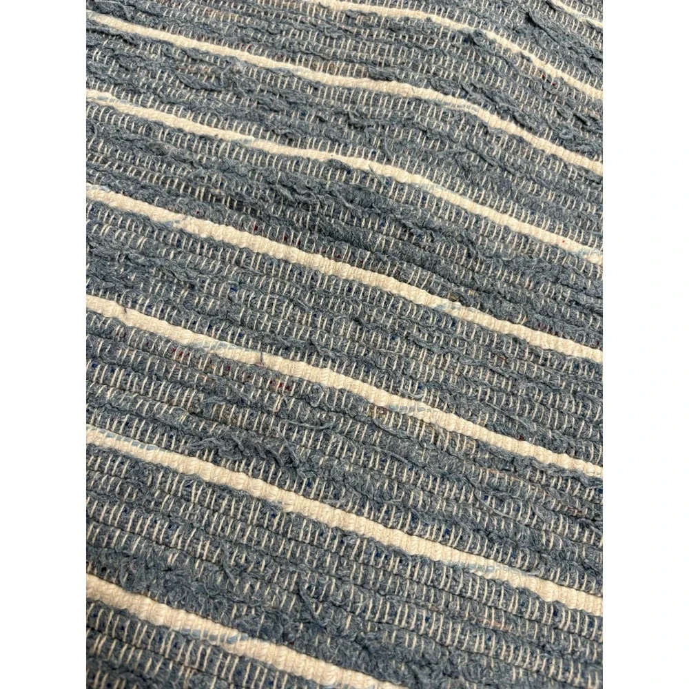 Vintage Braided Woven Striped Rag Rug‎ Blue And Cream 40